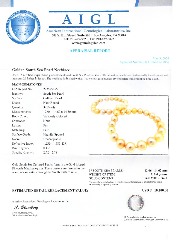 Photo 4 of 12MM to 14MM GOLDEN South Sea Cultured Pearl Necklace with 14K Yellow Gold Clasp (GIA CERTIFIED) W. MSRP Appraisal  NK015815