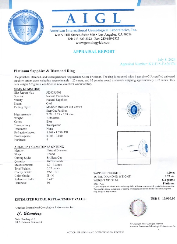 Photo 4 of 1.20ct UNHEATED Blue Sapphire and 0.22ctw Diamond Platinum Ring (GIA CERTIFIED) W. MSRP Appraisal  (APPROX. SIZE 6-7) RN036837