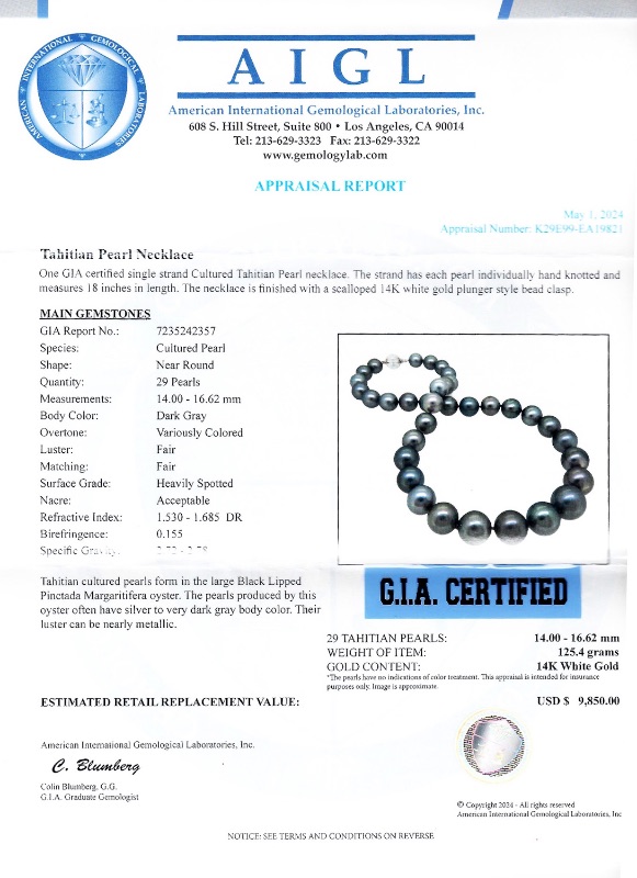 Photo 4 of 14MM to 16MM Tahitial Cultured Pearl Necklace with 14K White Gold Clasp (GIA CERTIFIED) w MSRP Appraisal  NK015788