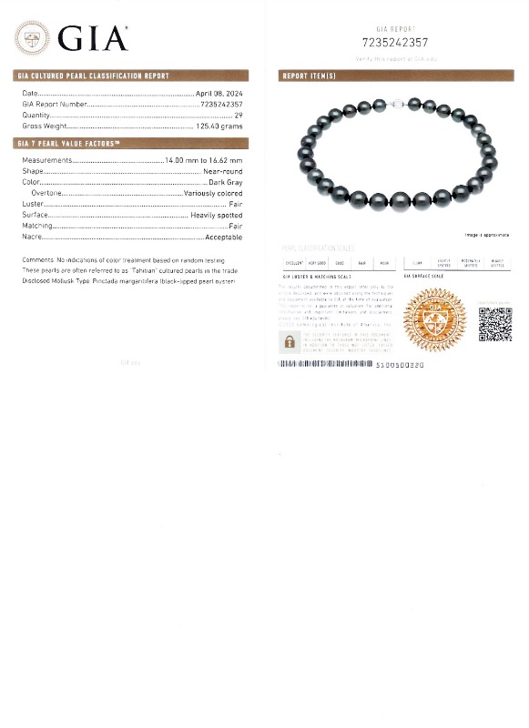 Photo 5 of 14MM to 16MM Tahitial Cultured Pearl Necklace with 14K White Gold Clasp (GIA CERTIFIED) w MSRP Appraisal  NK015788