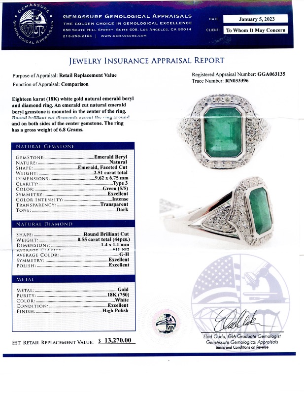 Photo 4 of 2.51ct Emerald and 0.55ctw Diamond 18K White Gold Ring W. MSRP APPRAISAL (APPROX SIZE 6-7)  RN033396