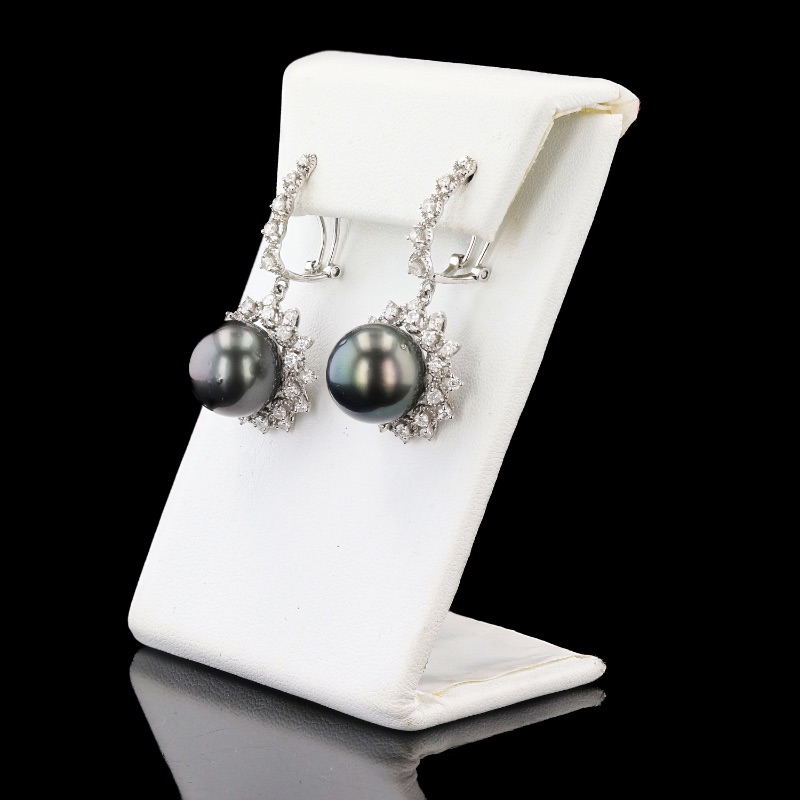 Photo 3 of 13MM Tahitian South Sea Cultured Pearl and 1.64ctw Diamond 14K White Gold Dangling Earrings W MSRP APPRAISAL ER03126