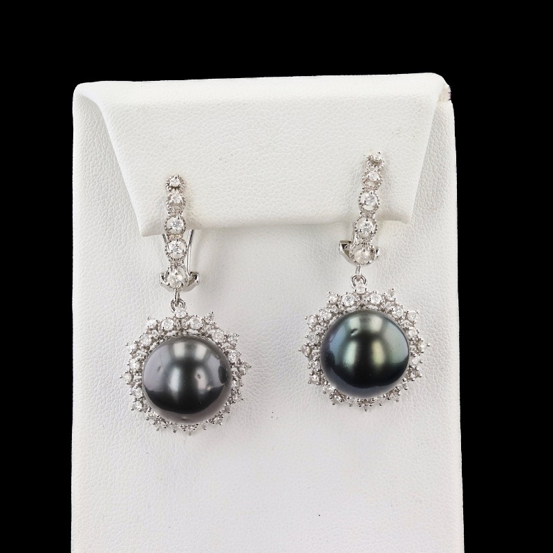 Photo 1 of 13MM Tahitian South Sea Cultured Pearl and 1.64ctw Diamond 14K White Gold Dangling Earrings W MSRP APPRAISAL ER03126