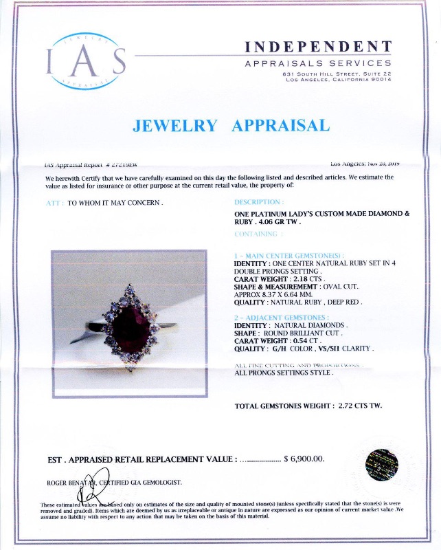 Photo 4 of 2.18ct Ruby and 0.54ctw Diamond Platinum Ring w. MSRP APPRAISAL (APPROX SIZE 6-7)  RN027554