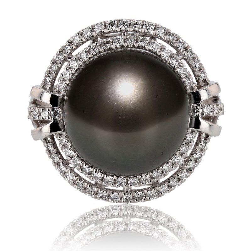 Photo 2 of 13mm Tahitian Pearl and 0.43ctw Diamond Platinum Ring W MSRP APPRAISAL (APPROX. SIZE 6-7)  RN028906