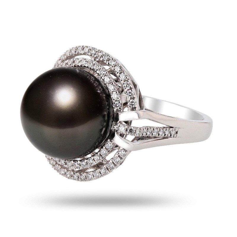 Photo 1 of 13mm Tahitian Pearl and 0.43ctw Diamond Platinum Ring W MSRP APPRAISAL (APPROX. SIZE 6-7)  RN028906