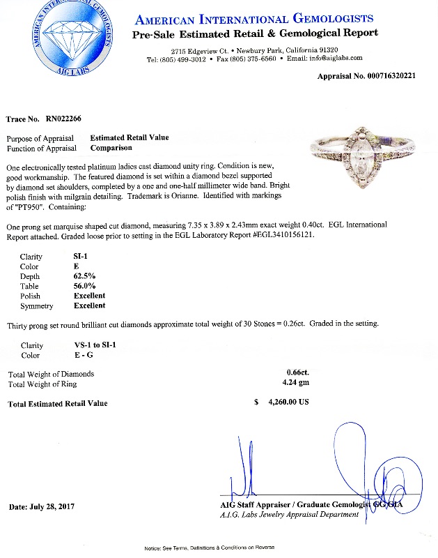 Photo 3 of 0.40ct SI1 CLARITY E COLOR CENTER Diamond Platinum Ring (0.66ctw Diamonds) w. MSRP APPRAISAL (APPROX SIZE 6-7). RN022266