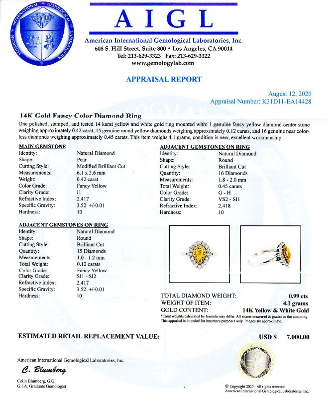 Photo 4 of 0.42ct Fancy Yellow CENTER Diamond 14K Yellow and White Gold Ring (0.99ctw Diamonds) W MSRP APPRAISAL (APPROX. SIZE 6-7)  RN026383