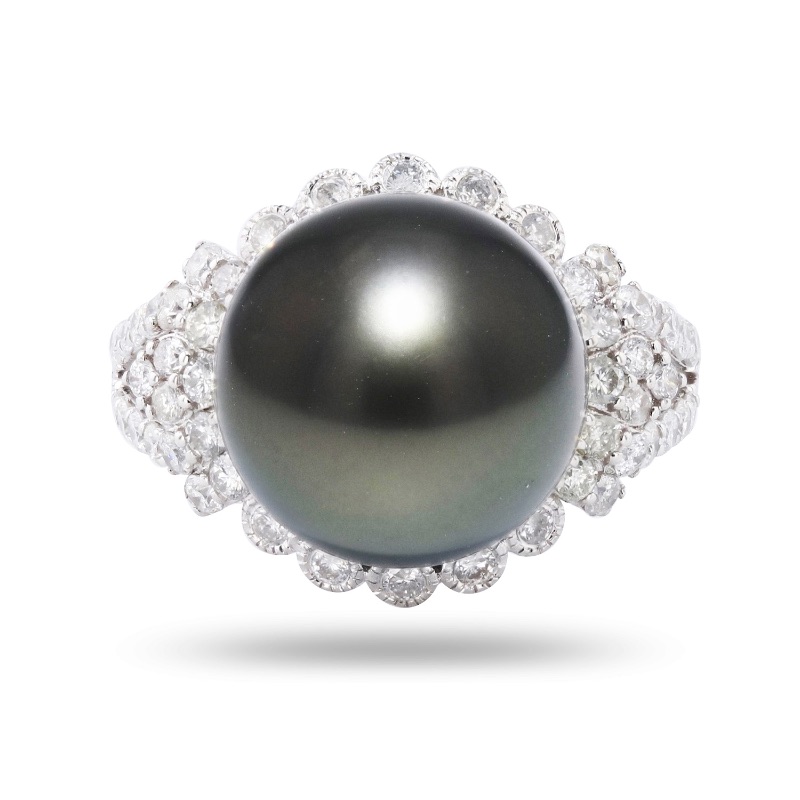 Photo 3 of 13mm Tahitian Pearl and 1.01ctw Diamond 18K White Gold Ring w. MSRP APPRAISAL (APPROX SIZE 6-7). RN031132