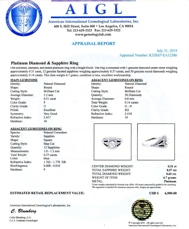 Photo 4 of 0.51ct F COLOR CENTER Diamond and 0.57ctw Blue Sapphire Platinum Ring (0.65ctw Diamonds) w. MSRP APPRAISAL (APPROX SIZE 6-7). RN026713