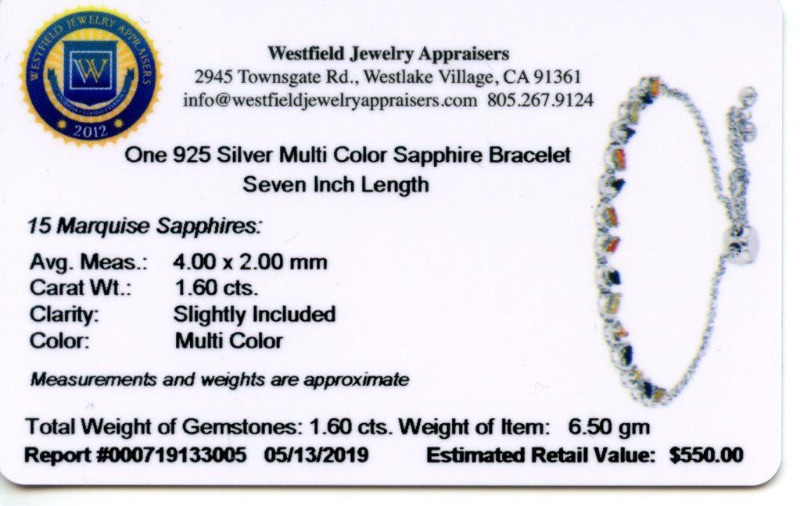 Photo 3 of 925 Silver 1.60ctw Multi-Color Sapphire Bracelet   S30869