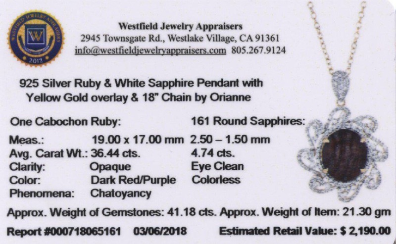 Photo 4 of 925 SILVER 36.44ct Ruby and 4.74ctw White Sapphire Pendant/Necklace. S15151