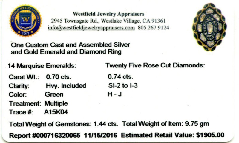 Photo 5 of CUSTOM CAST ASSEMBLED SILVER & GOLD 0.70ctw Emerald and 0.74ctw Diamond RING  S14971