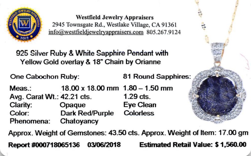 Photo 3 of 925 Silver 42.21ct Dark Purple Ruby and 1.29ctw White Sapphire Pendant. S41618