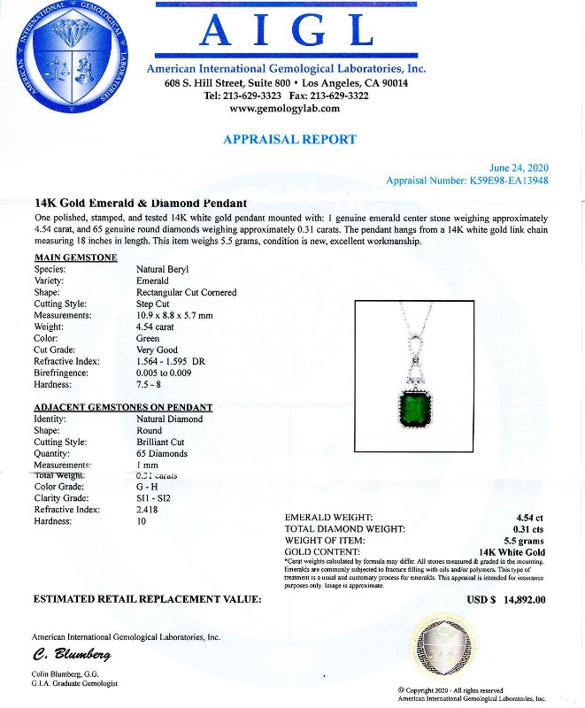 Photo 4 of 4.54ct Emerald and 0.31ctw Diamond 14K White Gold Pendant/Necklace w. MSRP APPRAISAL. NK12812