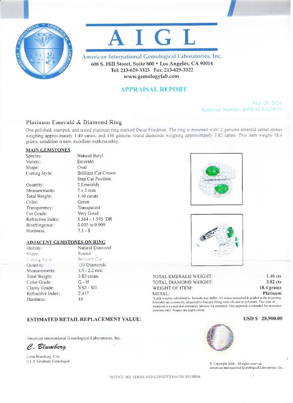 Photo 4 of 1.40ctw Emerald and 3.82ctw Diamond Platinum Ring W MSRP APPRAISAL (APPROX SIZE 6-7)  RN036516