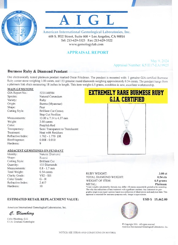 Photo 4 of 3.00ct BURMESE Ruby and 0.54ctw Diamond Platinum Pendant (GIA CERTIFIED) W. MSRP Appraisal   NK015809