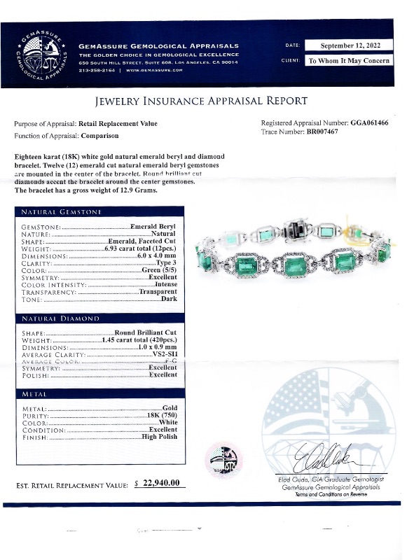 Photo 1 of 6.93ctw Emerald and 1.45ctw Diamond 18K White Gold Bracelet W MSRP APPRAISAL BR007467
