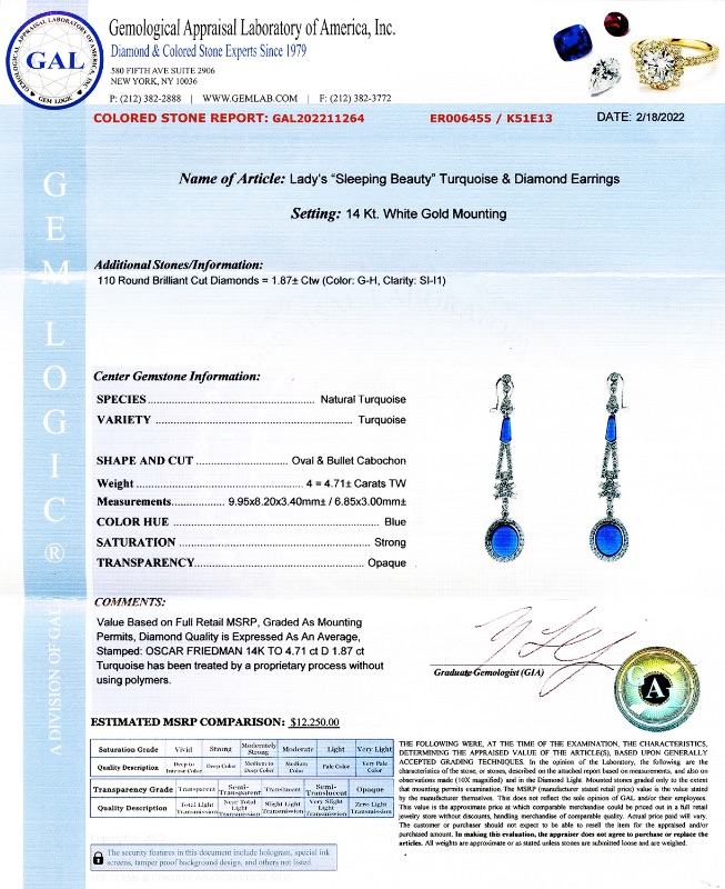 Photo 1 of 4.71ctw Turquoise and 1.87ctw Diamond 14K White Gold Earrings W MSRP APPRAISAL. ER006455