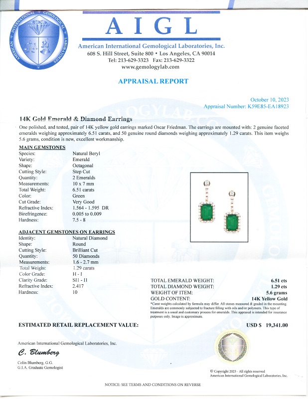 Photo 4 of 6.51ctw Emerald and 1.29ctw Diamond 14K Yellow Gold Earrings W MSRP APPRAISAL ER007228