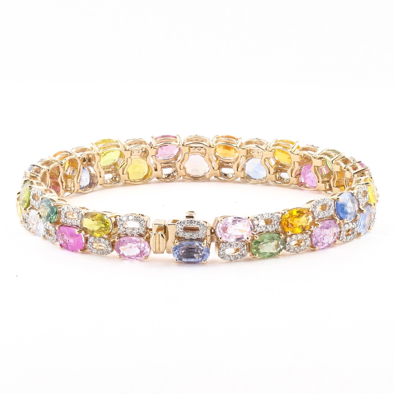 Photo 2 of 21.60ctw MultiColor Sapphire and 1.41ctw Diamond 14K Yellow Gold Bracelet W. MSRP Appraisal  BR008346