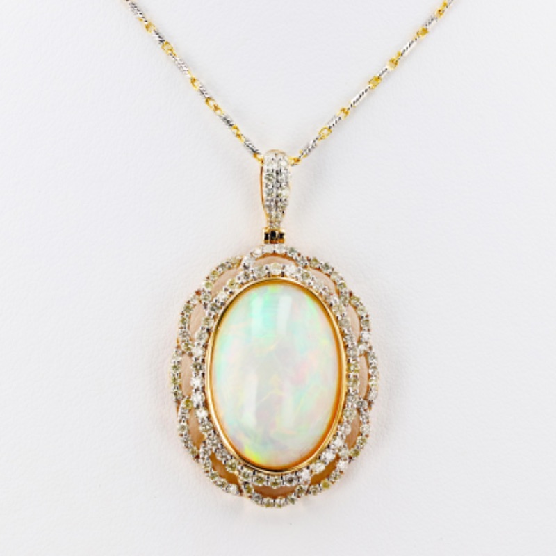 Photo 2 of 13.39ct Opal and 1.53ctw Diamond 14K White and Yellow Gold Pendant. w. MSRP APPRAISAL (APPROX SIZE 6-7). NK014251