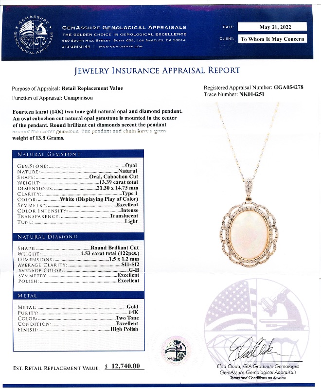 Photo 4 of 13.39ct Opal and 1.53ctw Diamond 14K White and Yellow Gold Pendant. w. MSRP APPRAISAL (APPROX SIZE 6-7). NK014251