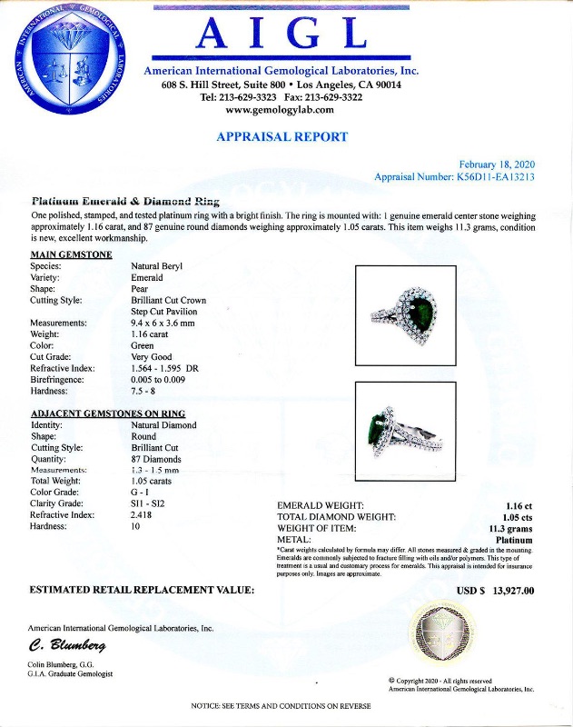 Photo 4 of 1.16ct Emerald and 1.05ctw Diamond Platinum Ring w. MSRP APPRAISAL (APPROX SIZE 6-7). RN027804