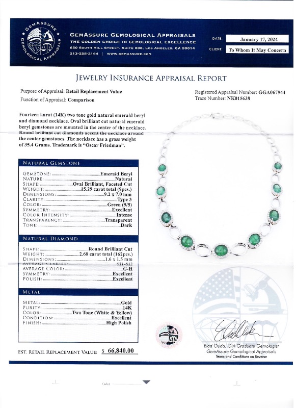 Photo 4 of 15.29ctw Emerald and 2.68ctw Diamond 14K White and Yellow Gold Necklace W. MSRP Appraisal  NK015638