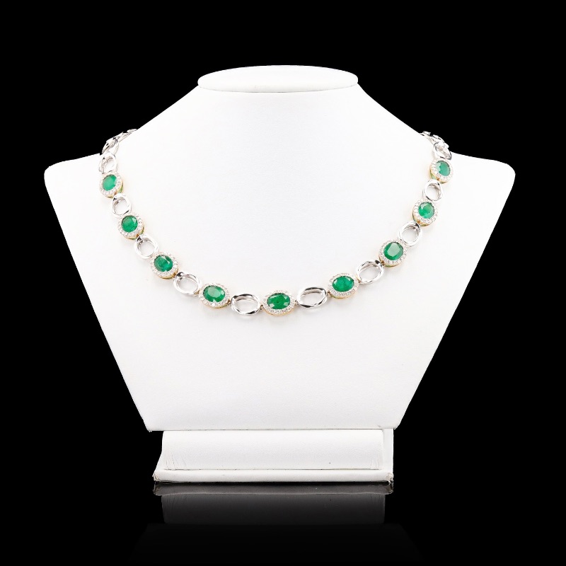 Photo 1 of 15.29ctw Emerald and 2.68ctw Diamond 14K White and Yellow Gold Necklace W. MSRP Appraisal  NK015638