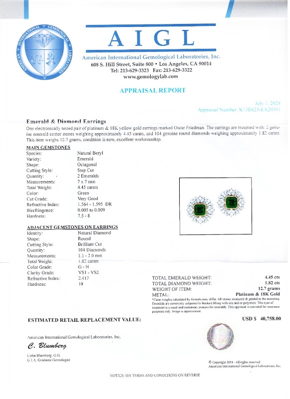 Photo 4 of 4.45ctw Emerald and 1.82ctw Diamond Platinum and 18K Yellow Gold Earrings W. MSRP Appraisal  ER007613