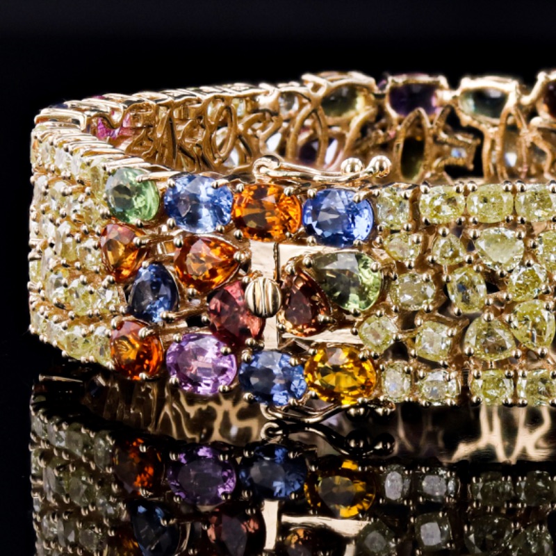 Photo 1 of 31.68ctw Multi-Color Sapphire and 13.37ctw Diamond 14K Yellow Gold Bracelet w. MSRP APPRAISAL  BR007755
