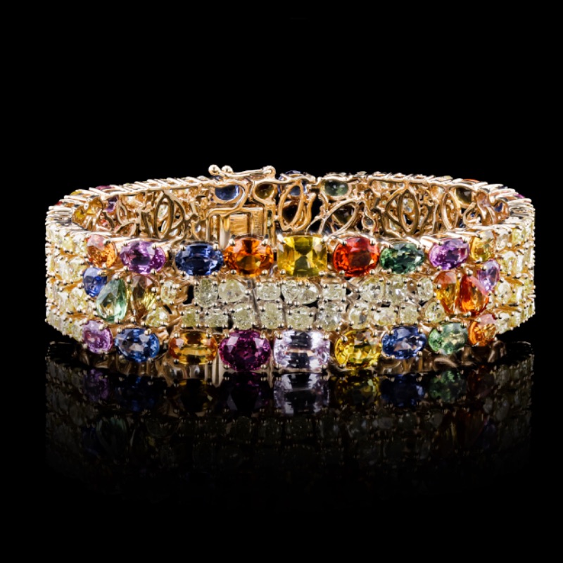 Photo 2 of 31.68ctw Multi-Color Sapphire and 13.37ctw Diamond 14K Yellow Gold Bracelet w. MSRP APPRAISAL  BR007755