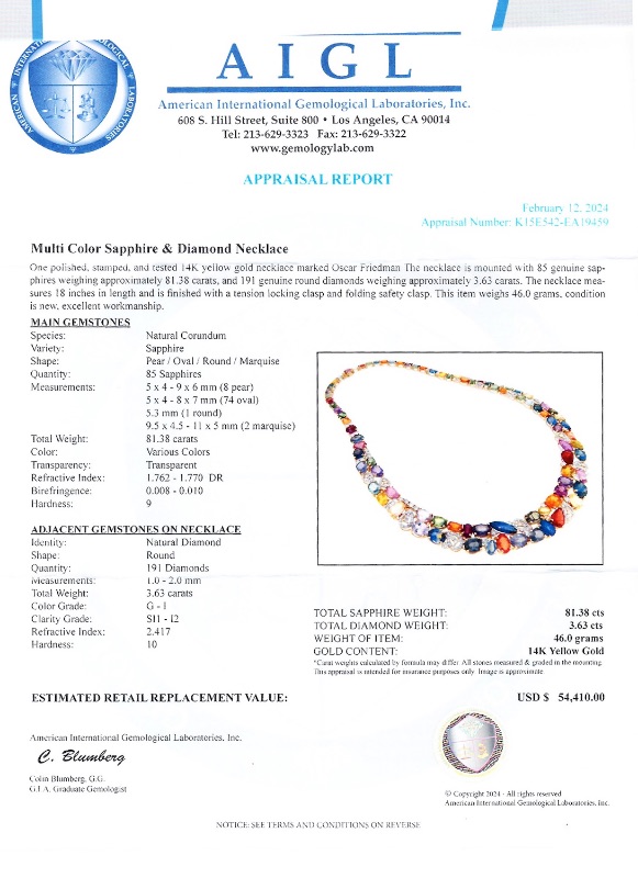 Photo 4 of 81.38ctw MultiColor Sapphire and 3.63ctw Diamond 14K Yellow Gold Necklace W MSRP APPRAISAL  NK015666