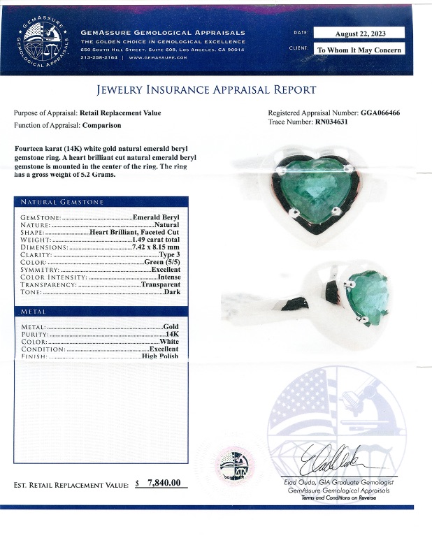 Photo 4 of 1.49ct Heart Shaped Emerald 14K White Gold Ring W MSRP APPRAISAL (APPROX. SIZE 6-7)  RN034631