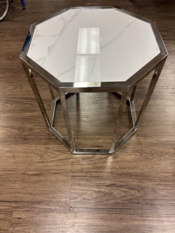 Photo 3 of VILLAGE CASA OCTAGON SIDE TABLE SILVER FRAME W QUARTZ FINISH TOP 