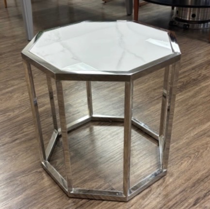 Photo 1 of VILLAGE CASA OCTAGON SIDE TABLE SILVER FRAME W QUARTZ FINISH TOP 