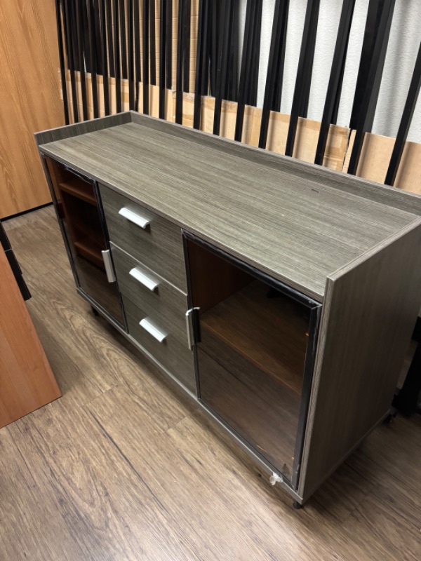 Photo 2 of VILLAGE CASA OFFICE CABINET GREY WOOD W BROWN SMOKED GLASS DOORS  