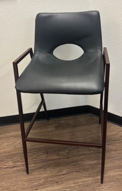 Photo 1 of VILLAGE CASA ALUMAWOOD BLACK LEATHER W WOOD FINISH ALUMINUM FRAME BAR CHAIR  