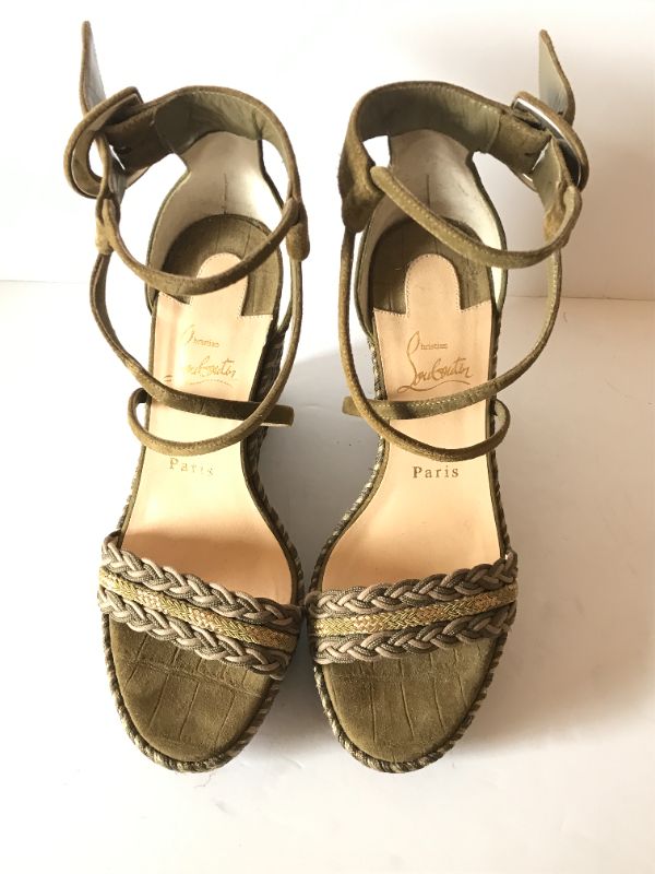 Photo 4 of CHRISTIAN LOUBOUTIN TRESSE VEAU VELOURS BODRUM 110 WEDGE SANDALS 39 GREEN TEA RETAIL $795.00