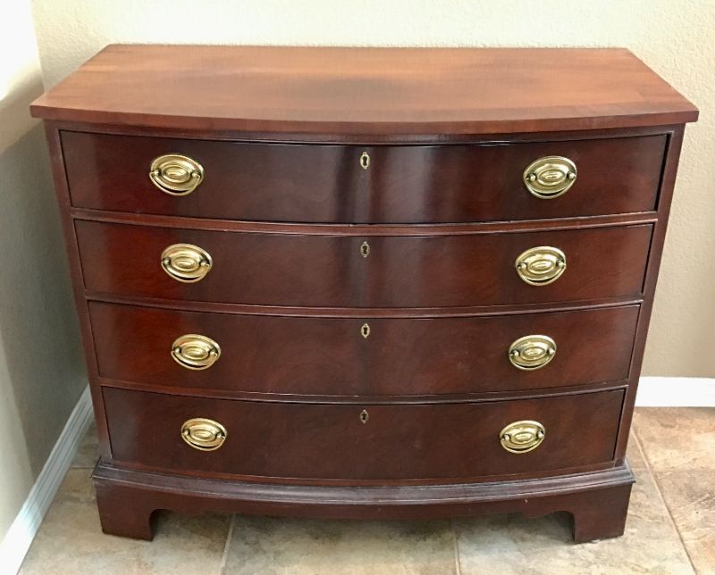 Photo 1 of ETHAN ALLEN GEORGIAN FLAME MAHOGANY BOW FRONT CHEST OF DRAWERS 18” x 38” x 32”