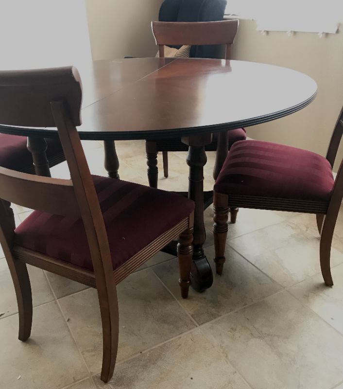 Photo 5 of ETHAN ALLEN BRITISH CLASSICS DINING TABLE WITH LEAF AND COVER 76” x 30” & SET OF 4 CHAIRS SEAT HEIGHT 20"