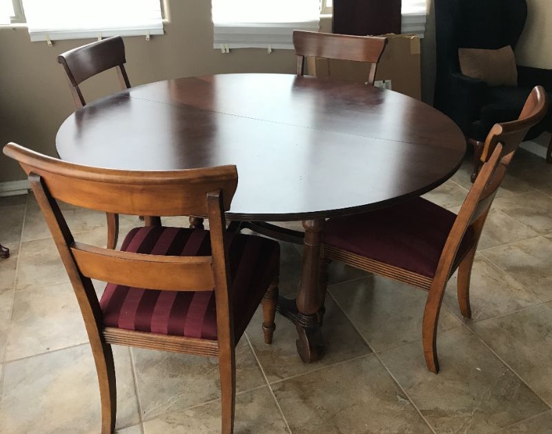 Photo 3 of ETHAN ALLEN BRITISH CLASSICS DINING TABLE WITH LEAF AND COVER 76” x 30” & SET OF 4 CHAIRS SEAT HEIGHT 20"