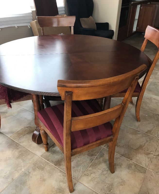 Photo 1 of ETHAN ALLEN BRITISH CLASSICS DINING TABLE WITH LEAF AND COVER 76” x 30” & SET OF 4 CHAIRS SEAT HEIGHT 20"