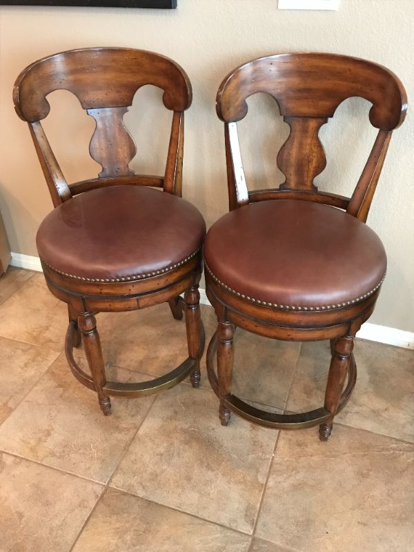 Photo 1 of  FRENCH CUSTOM SWIVEL ANTIQUE BARSTOOLS 22” x 19” x 40” SET OF 2