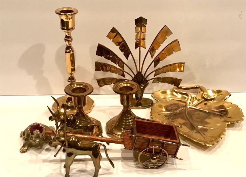 Photo 1 of BRASS CANDLE STICKS / BULL AND CART / LEAF TRAY AND MORE HOME DECOR