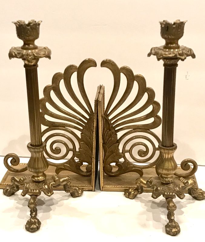 Photo 1 of ETHAN ALLEN BRASS CLAW FOOT CANDLESTICK HOLDER AND BRASS BOOK ENDS 