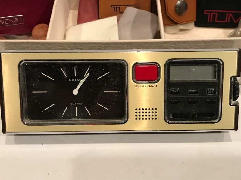 Photo 1 of SEIKO VINTAGE QUARTZ CLOCK RADIO WITH TUMI LUGGAGE TAGS AND MORE