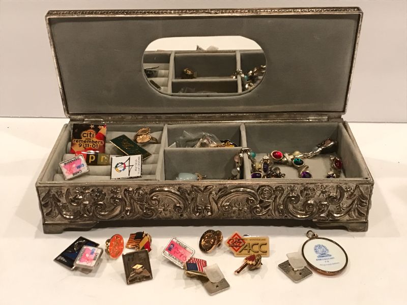 Photo 4 of VINTAGE GODINGER 1992 SILVER PLATED VELVET LINED JEWELRY BOX 9"X3.5"X2" WITH PIN COLLECTION