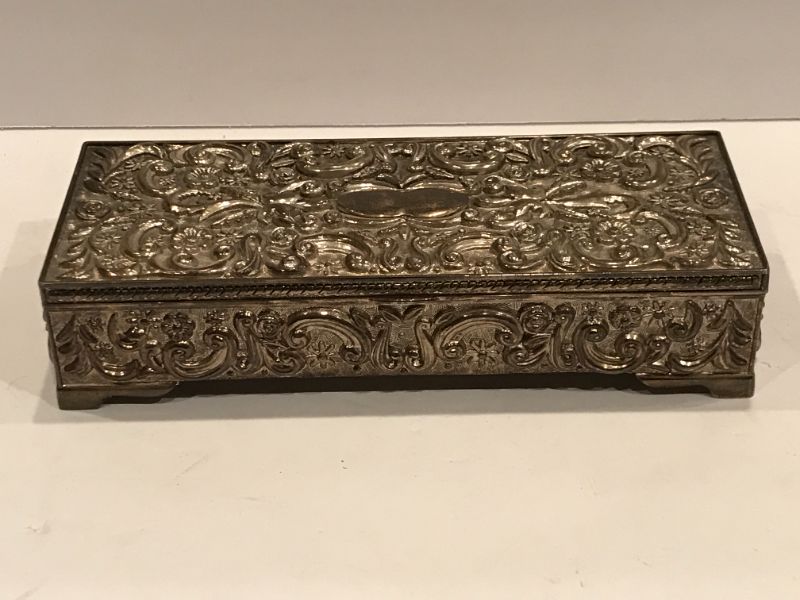 Photo 1 of VINTAGE GODINGER 1992 SILVER PLATED VELVET LINED JEWELRY BOX 9"X3.5"X2" WITH PIN COLLECTION